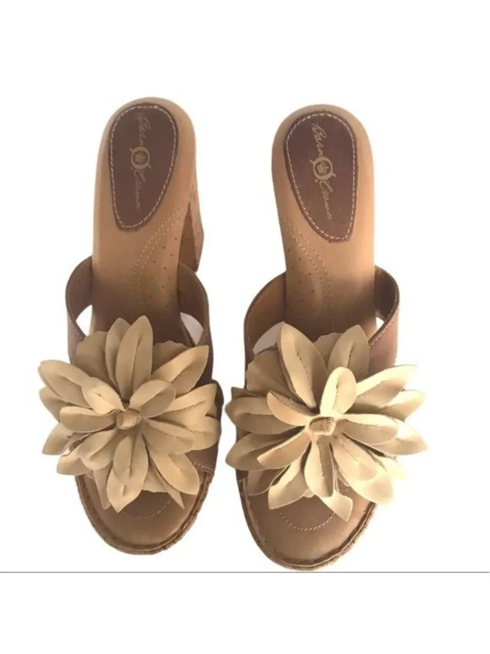 Born Crown Lolita Cork Platform Heeled Sandal Large Leather Flower Size 9